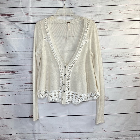 Free People Sweaters - Free People Cream Crochet Trim Cardigan Sweater